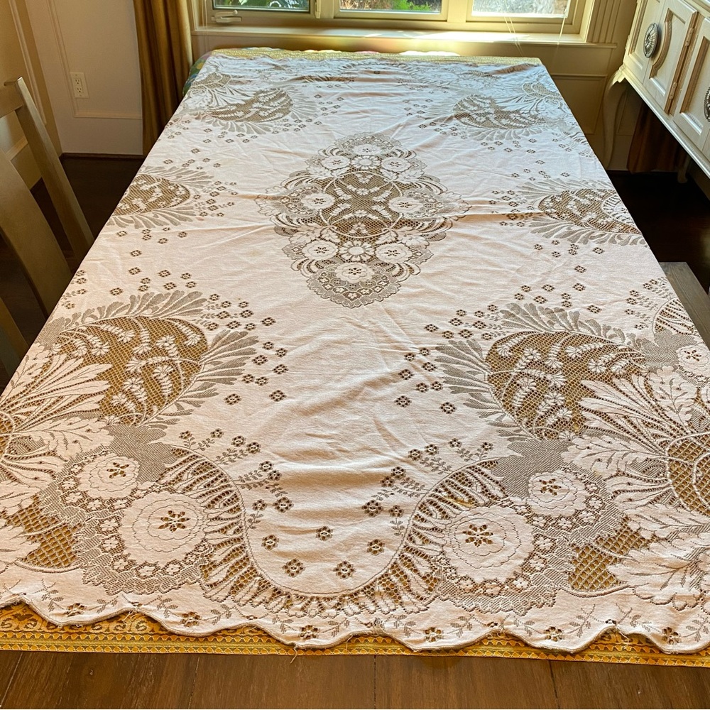 Vintage Lace Knit Tablecloth Rectangular Ecru Floral Boho Cottage 67”x86” Lot 2